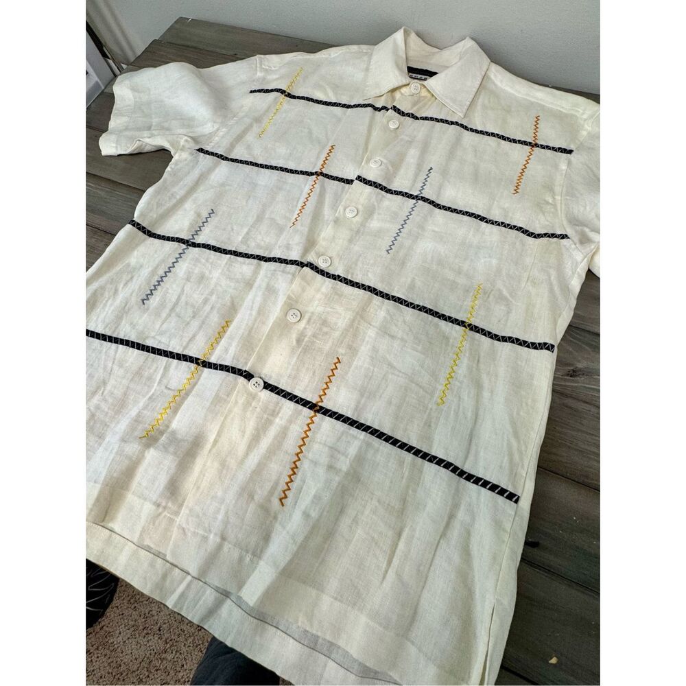 100% Linen Smash Cream Button‎ Up Short Casual Sleeve Men’s Shirt - Picture 4 of 6